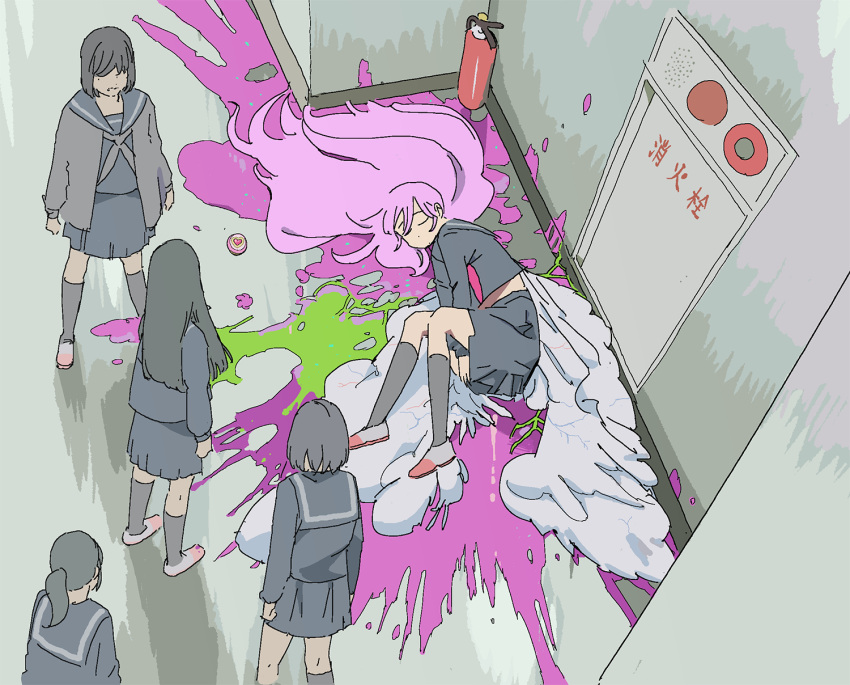 5girls, angel_wings, asano_shiki, bangs, black_blouse, black_skirt, blouse, bob_cut