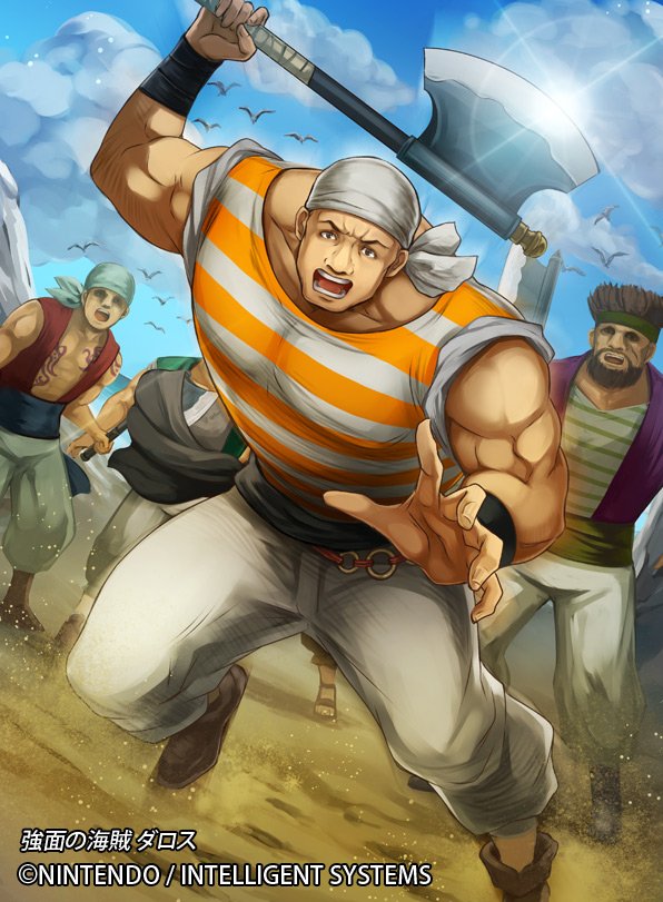 1boy, axe, bandanna, beard, bird, boots, clouds, copyright_name