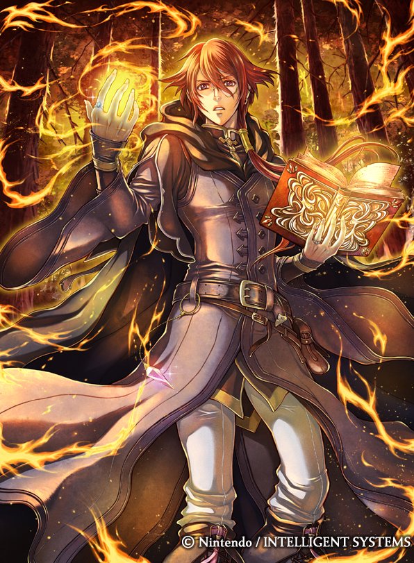 1boy, belt, book, boots, copyright_name, etzel_(fire_emblem), fire, fire_emblem