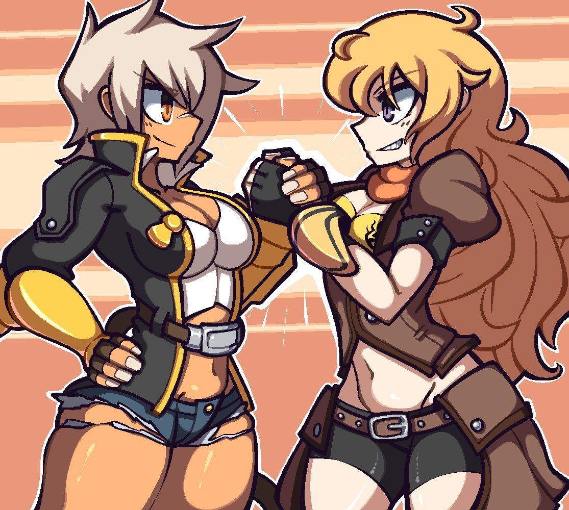 2girls, averagehanzo, blazblue, blazblue:_cross_tag_battle, blonde_hair, breasts, bullet_(blazblue), cleavage