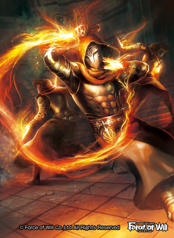 3boys, abs, boots, copyright_name, dagger, fantasy, fire, force_of_will