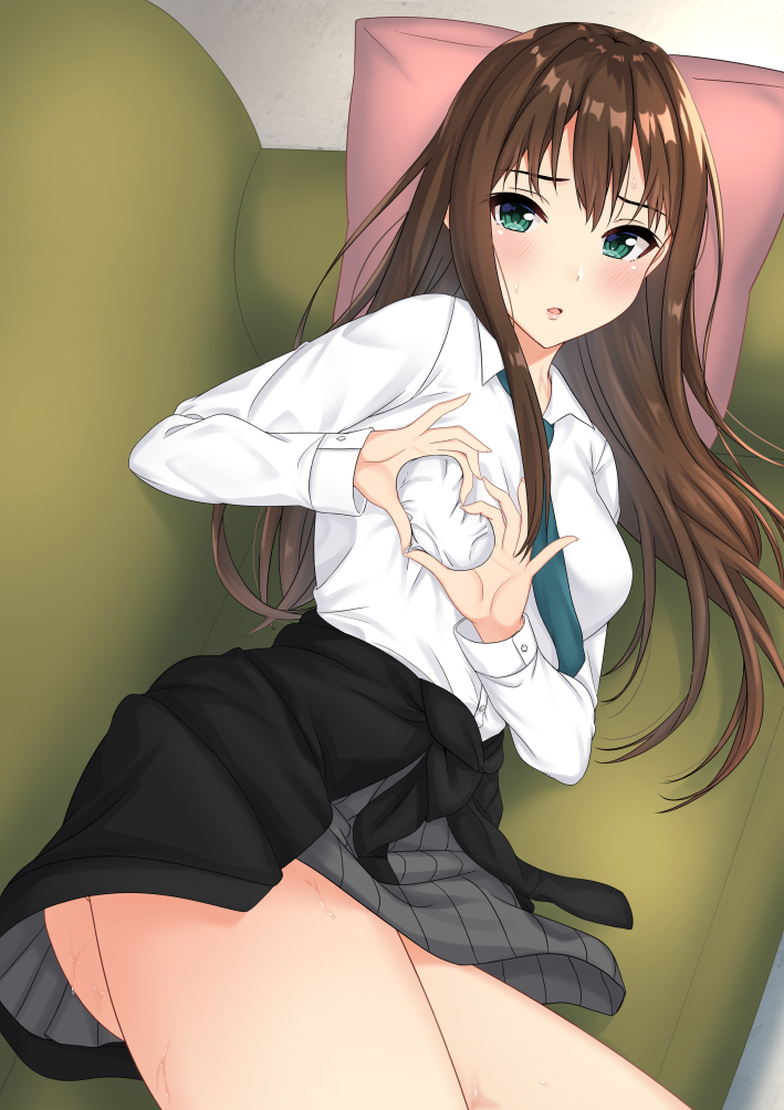 1girl, blush, breasts, brown_hair, clothes_around_waist, couch, dress_shirt, green_eyes