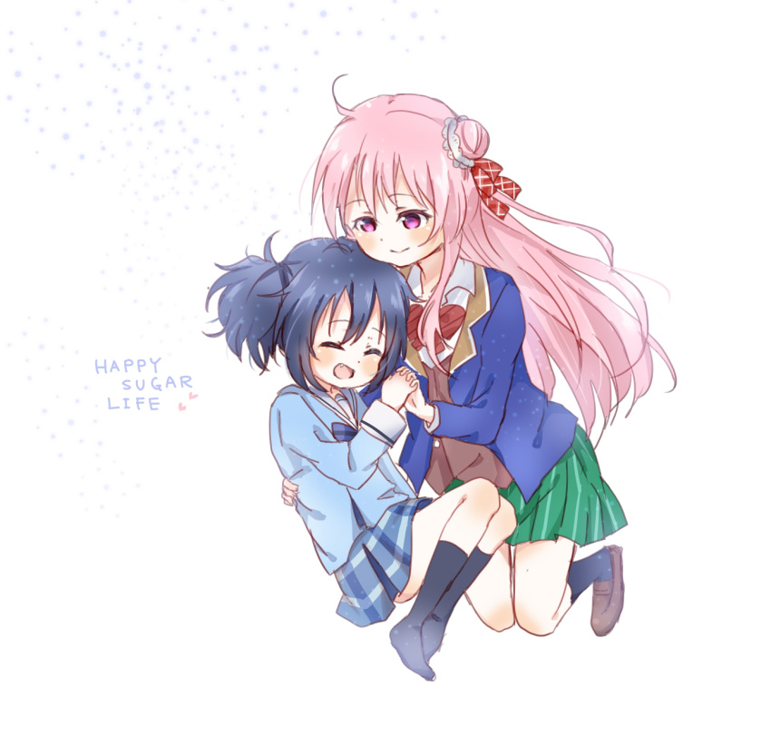 2girls, artist_request, black_hair, bow, double_bun, happy, happy_sugar_life, highres