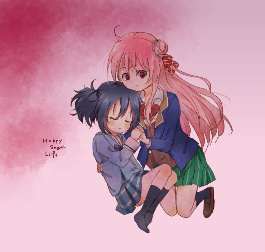 2girls, artist_request, black_hair, bow, double_bun, happy_sugar_life, highres, jacket