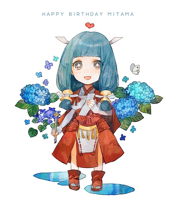 +_+, 1girl, blue_hair, bow_gloves, brush, calligraphy, chibi, fingerless_gloves, fire_emblem, fire_emblem_if, flower, gloves, holding, holding_brush, japanese_clothes, kimono, looking_at_viewer, mitama_(fire_emblem_if), puddle, shourou_kanna, smile, solo