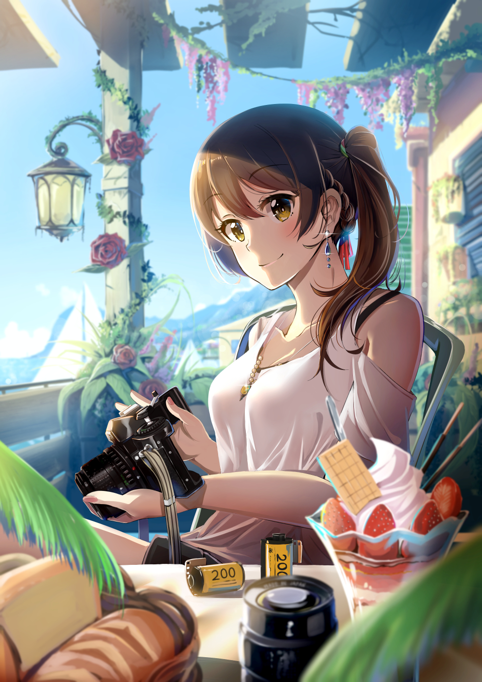 1girl, bangs, basket, bra_strap, braid, bread, brown_hair, camera
