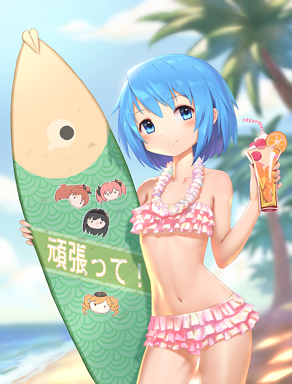 1girl, akemi_homura, beach, bikini, blue_eyes, blue_hair, closed_mouth, collarbone