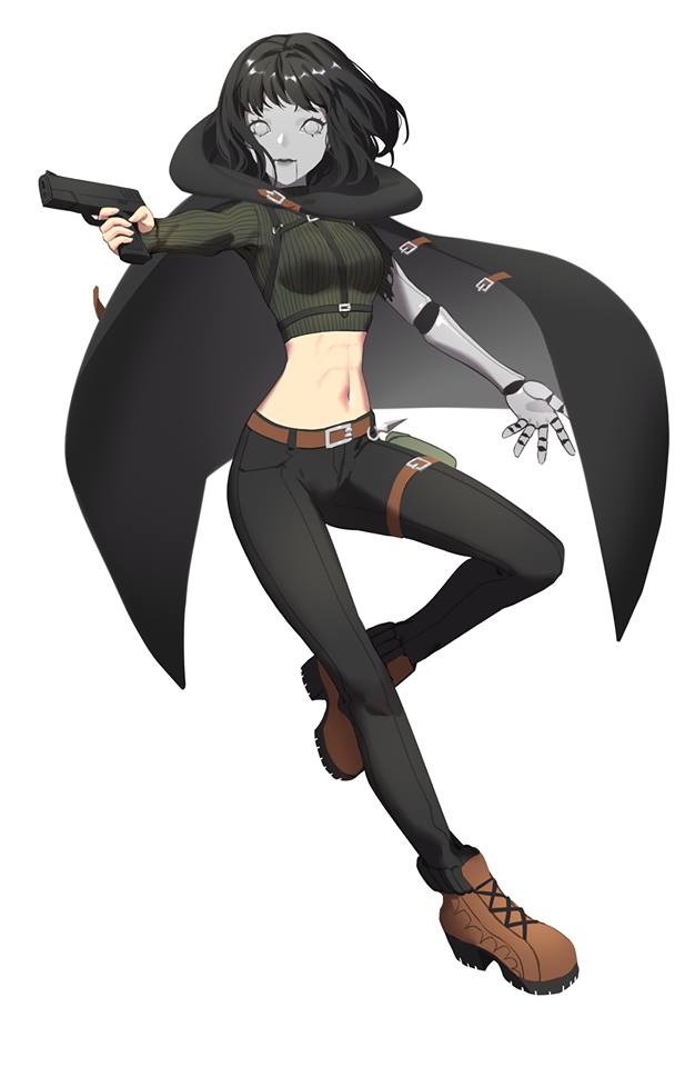 1girl, angelika_(voxwave), belt, black_hair, black_pants, cape, green_topwear, gun, mask, mechanical_arm, midriff, muscle, navel, official_art, pants, saphirya, short_hair, voxwave, weapon