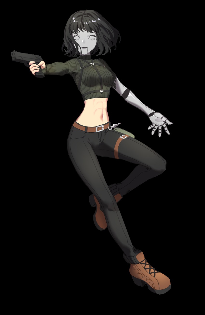 1girl, angelika_(voxwave), belt, black_hair, black_pants, green_topwear, gun, highres