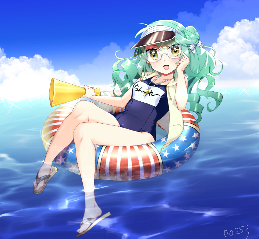 1girl, adjusting_eyewear, azur_lane, commentary_request, curly_hair, floating, glasses, green_hair