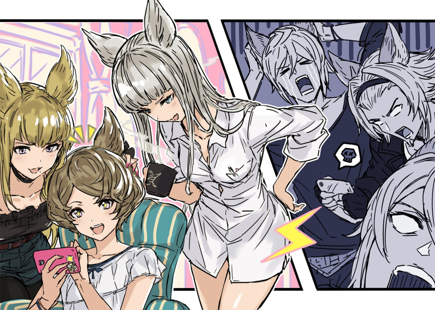 >_<, 3boys, 3girls, alternate_costume, blank_eyes, blonde_hair, blue_eyes, brown_hair