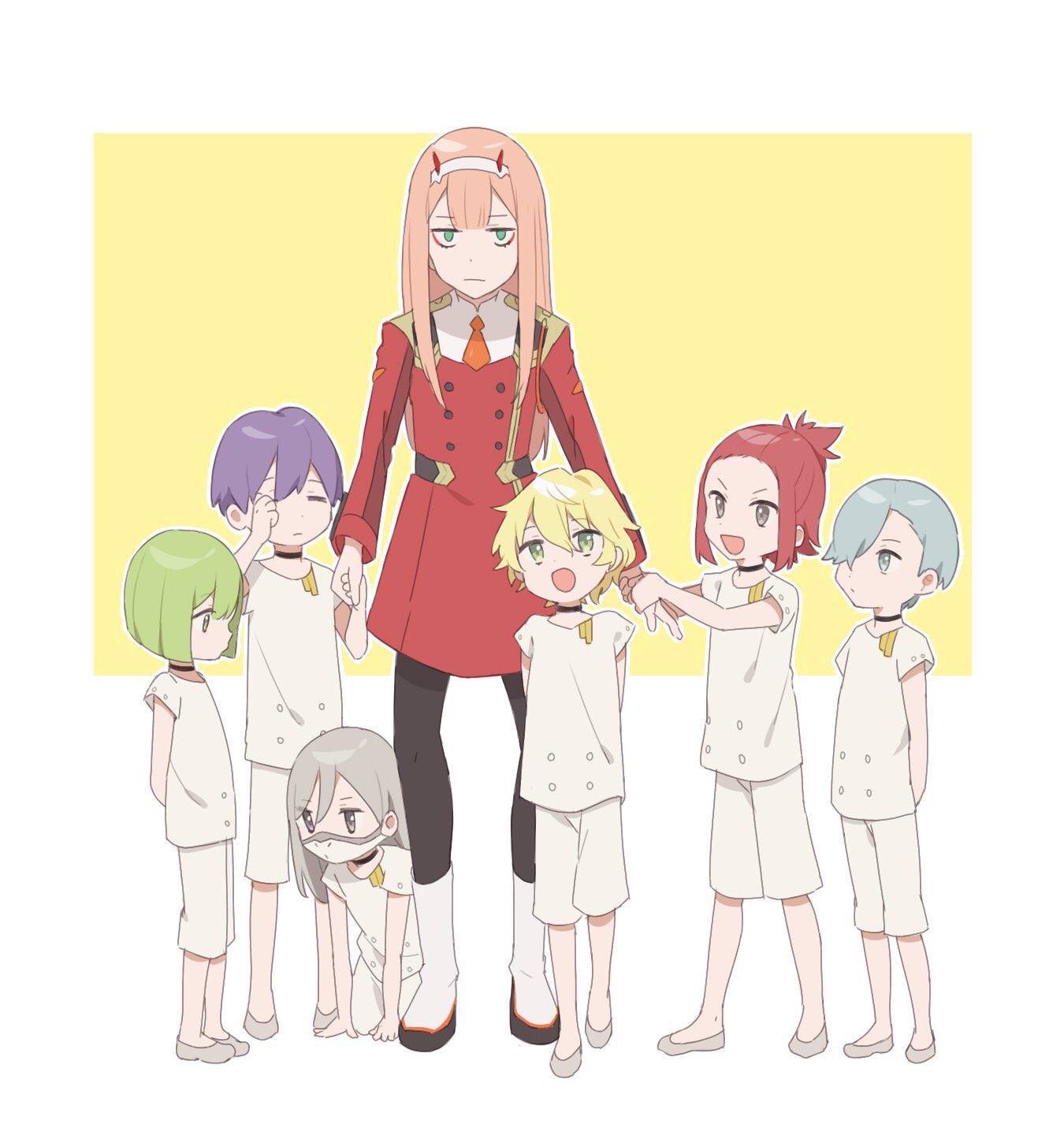 3girls, 4boys, arms_behind_back, blonde_hair, blue_hair, bob_cut, child, darling_in_the_franxx