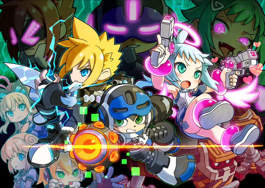 4boys, 5girls, ahoge, android, arm_cannon, azure_striker_gunvolt, beck_(mighty_no._9), blonde_hair