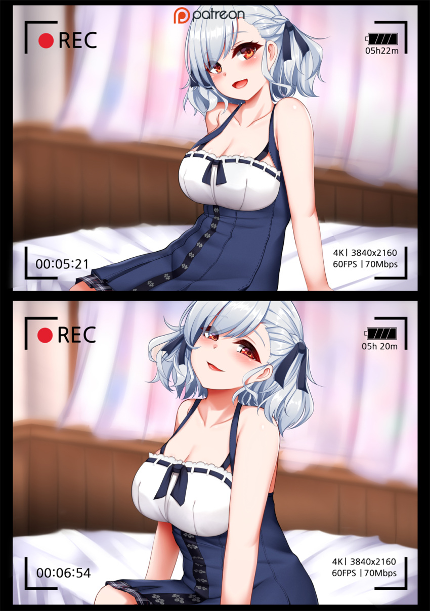 1girl, arm_support, bangs, bare_shoulders, bed, blush, breasts, collarbone