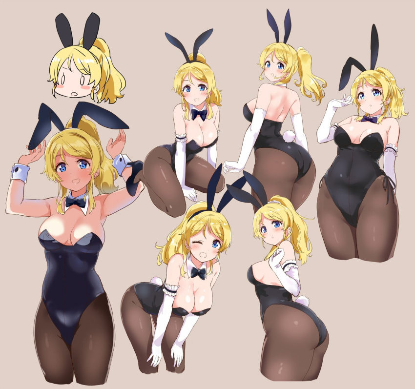 1girl, animal_ears, arm_at_side, ass, ayase_eli, bare_shoulders, beige_background, black_legwear
