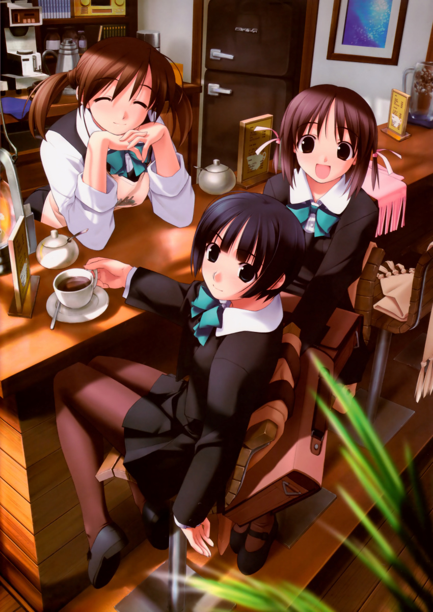 absurdres, asaba_nonoka, black_hair, brown_eyes, brown_hair, grey_eyes, hair_ribbon, hair_ribbons