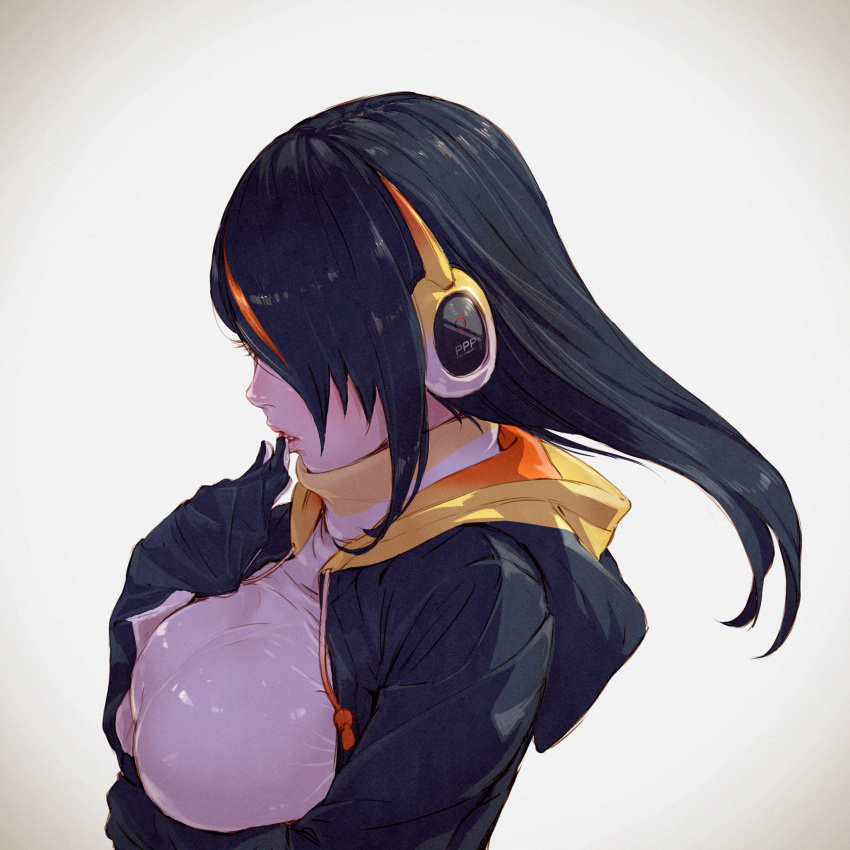 1girl, black_hair, black_jacket, breasts, earmuffs, emperor_penguin_(kemono_friends), eyelashes, finger_to_mouth