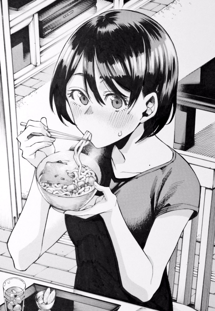 1girl, aburaage, black_hair, blush, bowl, chair, chopsticks, drink