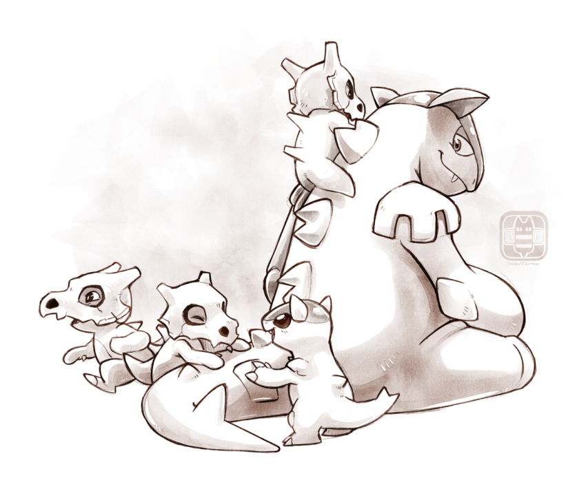 catbeecache, closed_eyes, commentary, creature, cubone, english_commentary, family, fangs, gen_1_pokemon, happy, helmet, kangaskhan, looking_at_another, looking_back, monochrome, mother_and_child, no_humans, on_shoulder, playing, pokemon, pokemon_(creature), pokemon_on_shoulder, sitting, skull_helmet, standing, walking