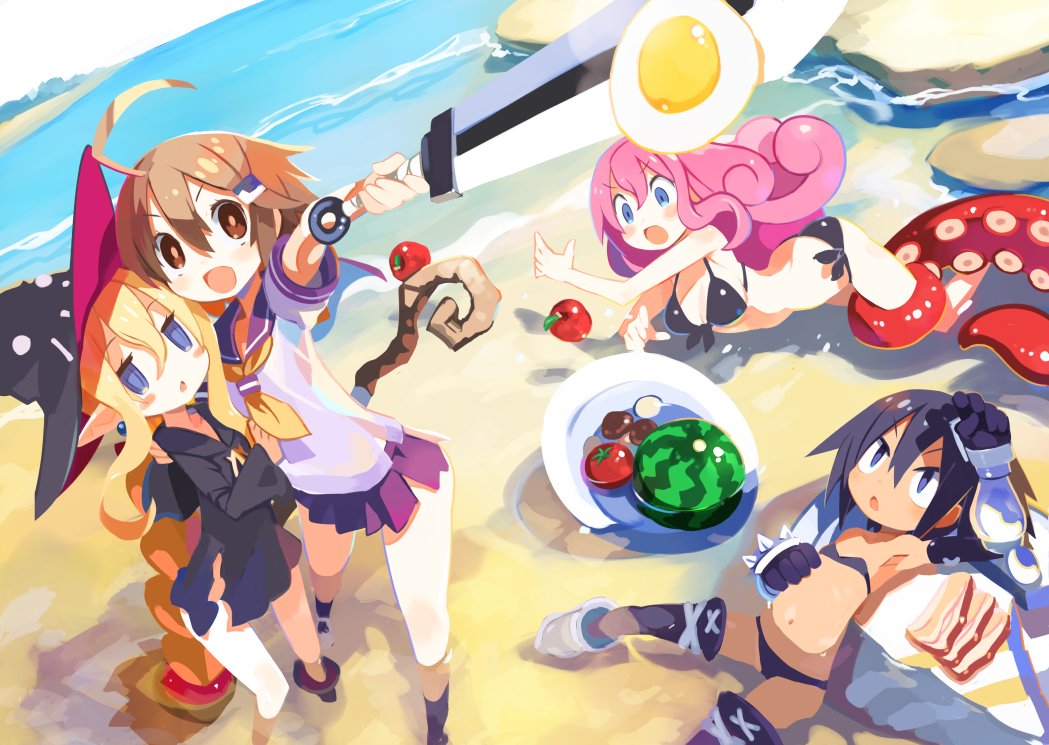 4girls, ahoge, beach, bikini, blonde_hair, blue_eyes, brown_hair, charm_(yuusha_mushoku)