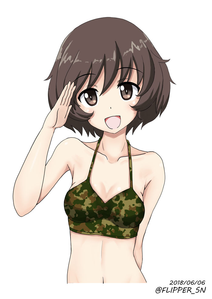 1girl, :d, akiyama_yukari, arm_behind_back, bangs, bikini_top, breasts, brown_eyes