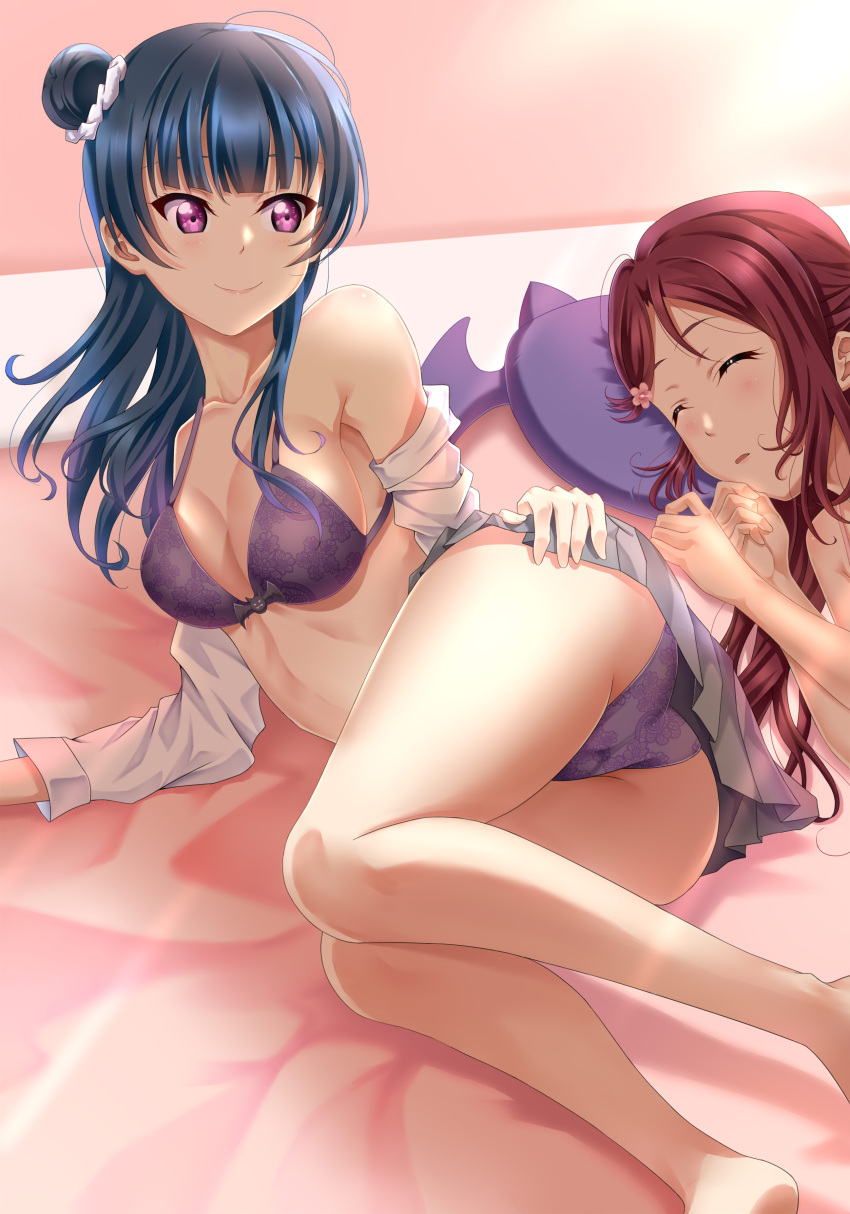 2girls, absurdres, bangs, barefoot, bed_sheet, blue_hair, blunt_bangs, bra
