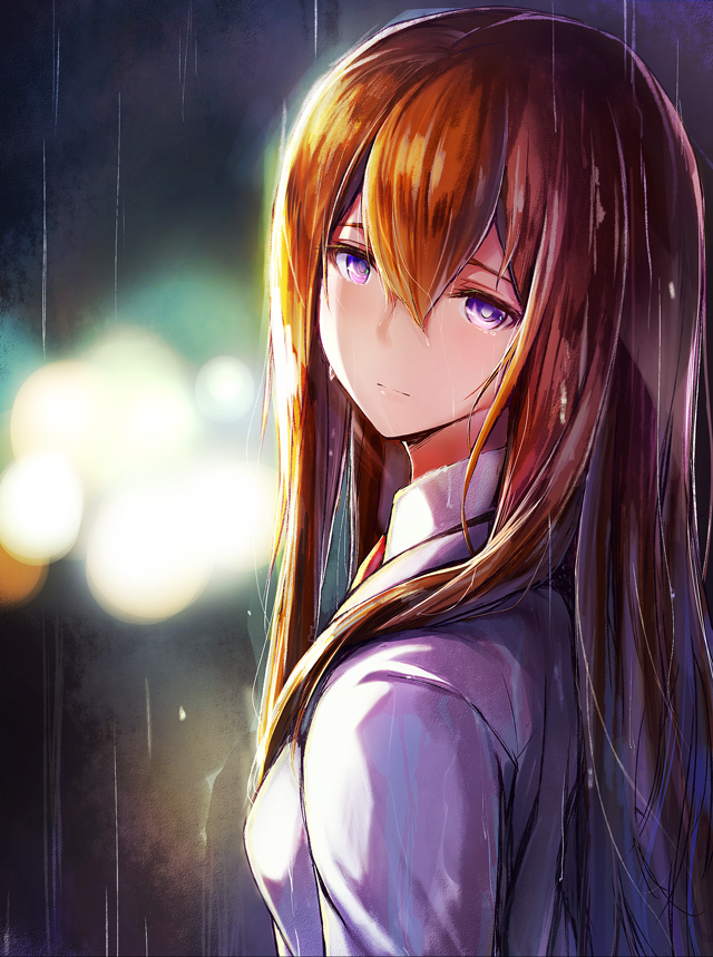 1girl, bangs, blue_eyes, brown_hair, hair_between_eyes, head_tilt, labcoat, long_hair