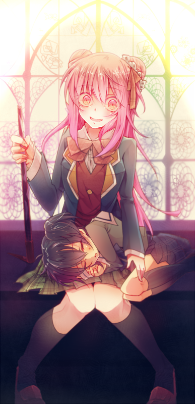 2girls, artist_request, black_hair, blood, blue_eyes, blue_skirt, bow, bowtie