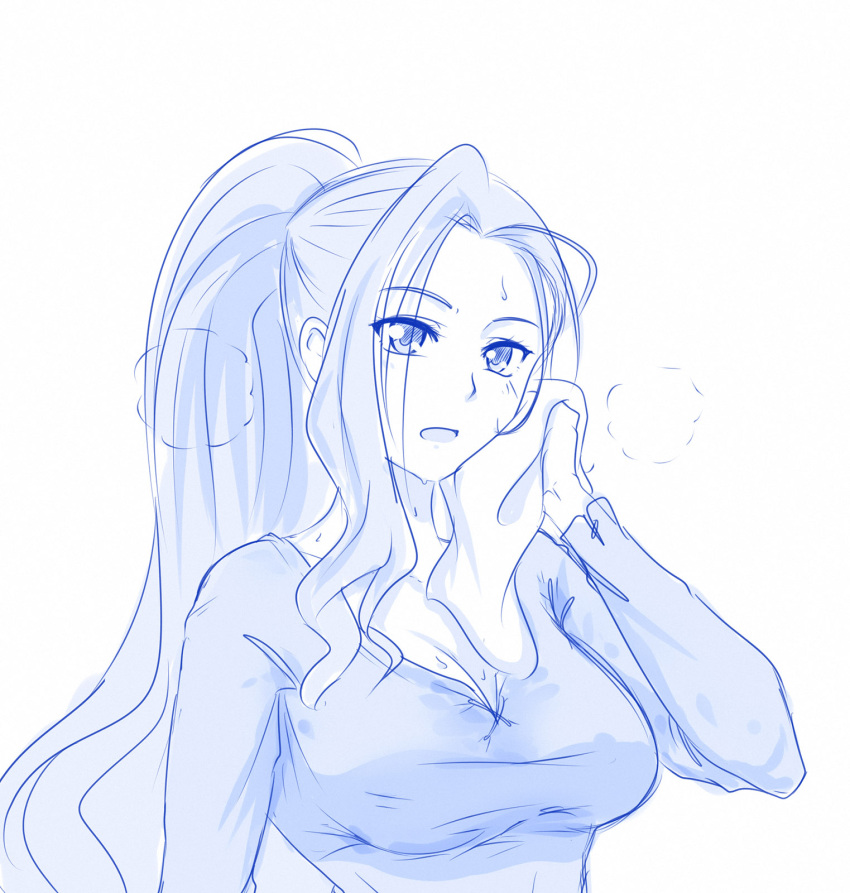 1girl, alternate_hairstyle, breasts, breath, cleavage, darling_in_the_franxx, hair_up, high_ponytail