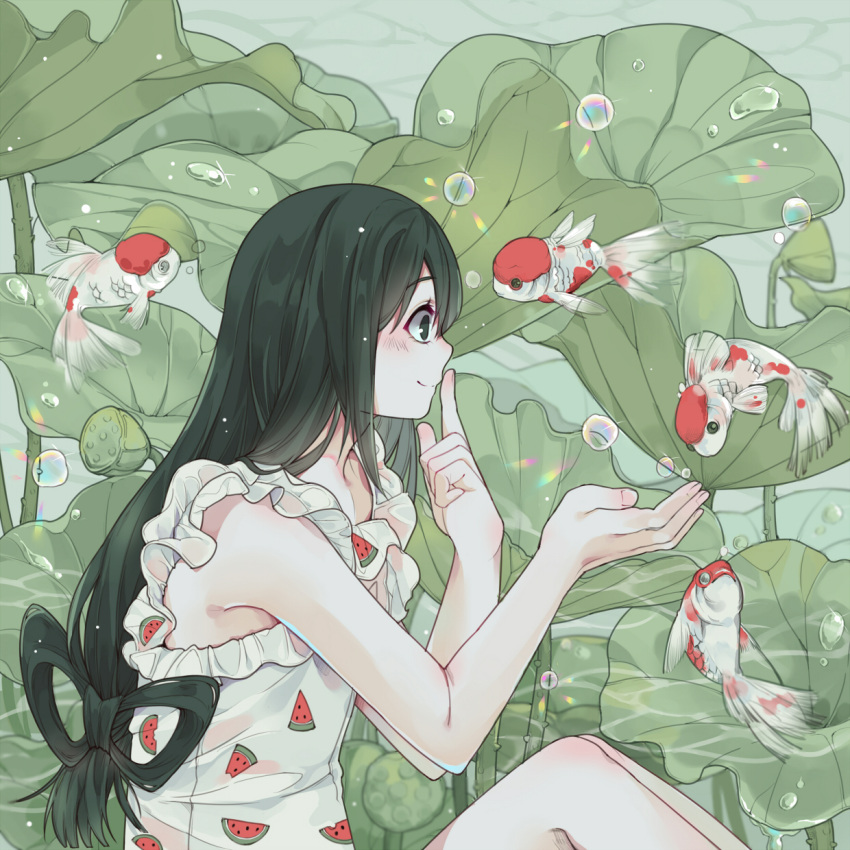 1girl, :>, asui_tsuyu, black_eyes, boku_no_hero_academia, dress, eve_kurigoyu, fish