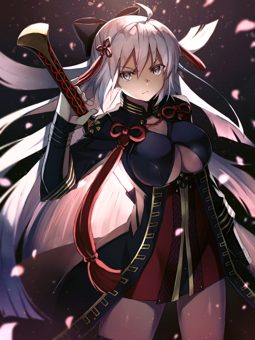 1girl, absurdres, ahoge, akami_fumio, arm_guards, arm_up, bangs, black_background