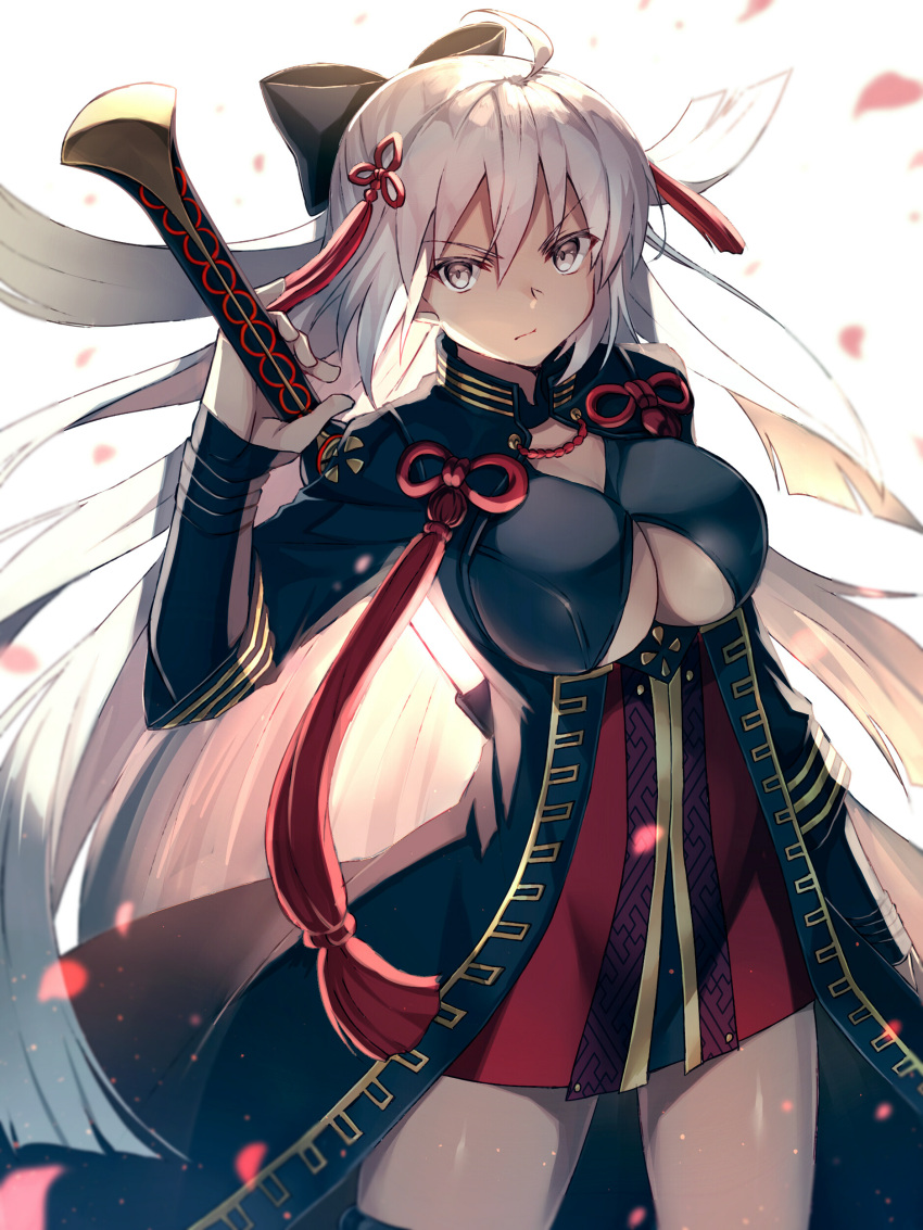 1girl, absurdres, ahoge, akami_fumio, arm_guards, arm_up, bangs, black_bow