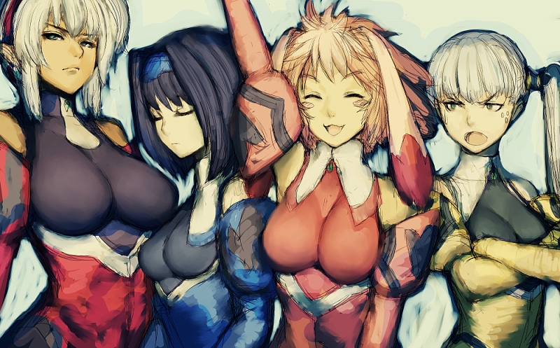 animal_ears, black_hair, blonde_hair, blush, breasts, cleavage, closed_eyes, dominia_yizkor