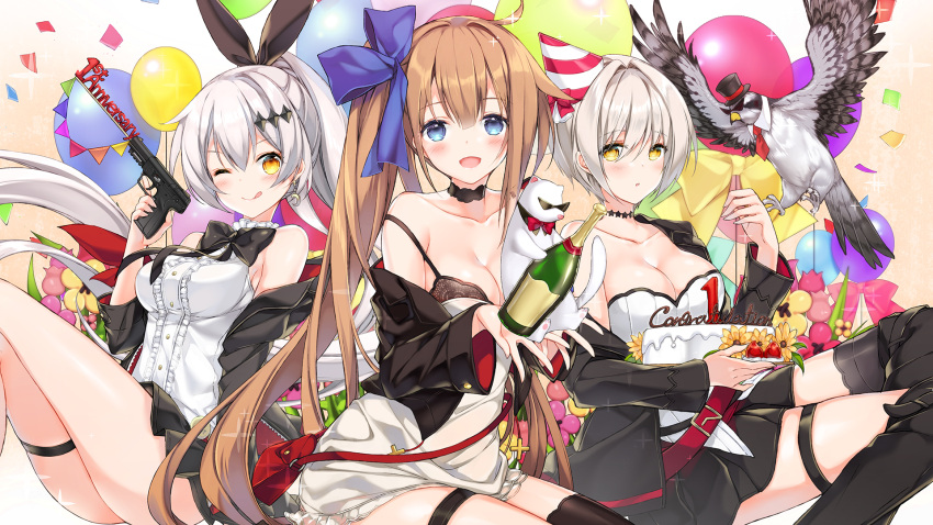 3girls, :d, :o, ;q, ahoge, alcohol, animal, anniversary