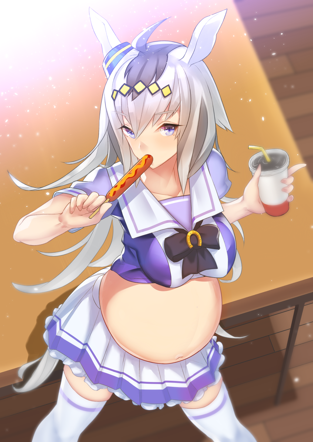 1girl, ahoge, animal_ears, asanuma, big_belly, blue_eyes, commentary_request, cup
