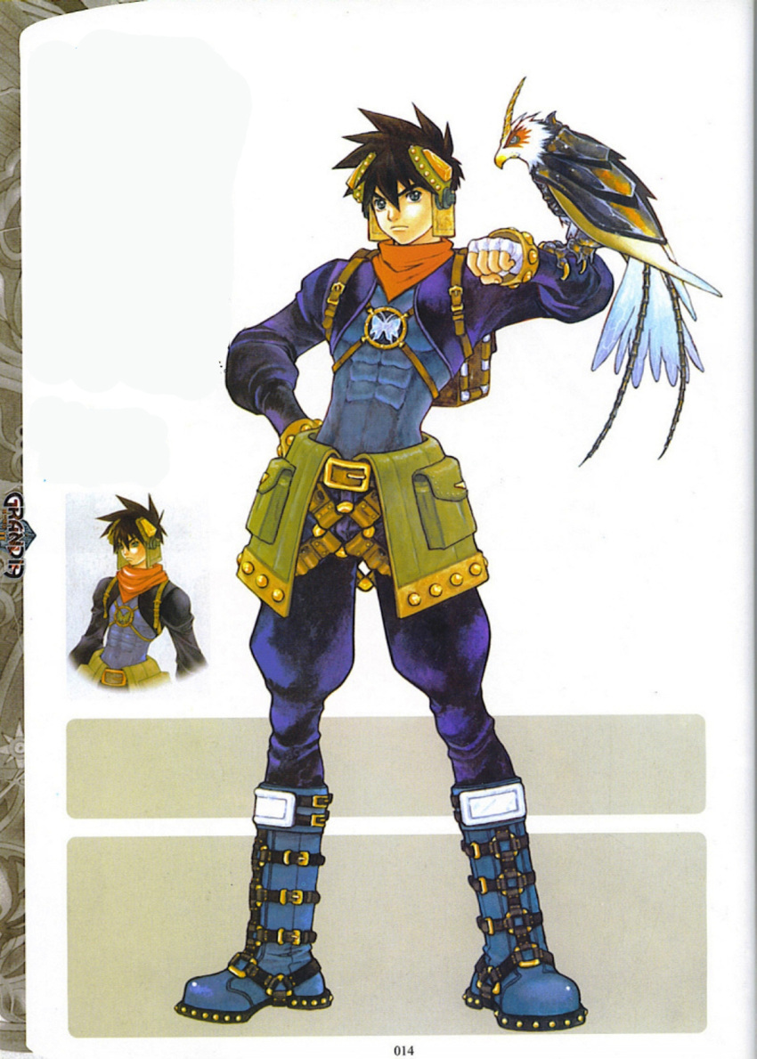 bird, bird_on_arm, grandia, grandia_ii, highres, kanoe_youshi, male, ryudo, scan, skye_(grandia), skye_(grandia_ii)