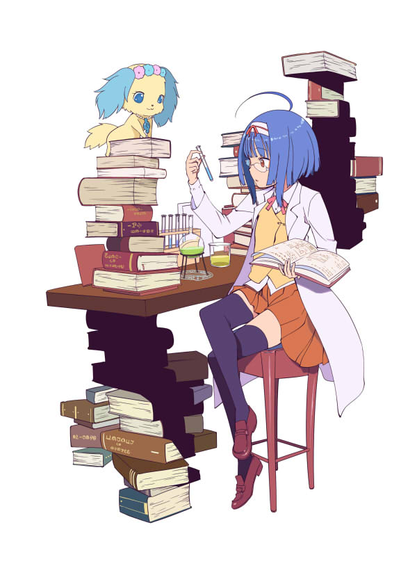 1girl, black_legwear, blue_hair, book, brown_footwear, chair, creature, glasses