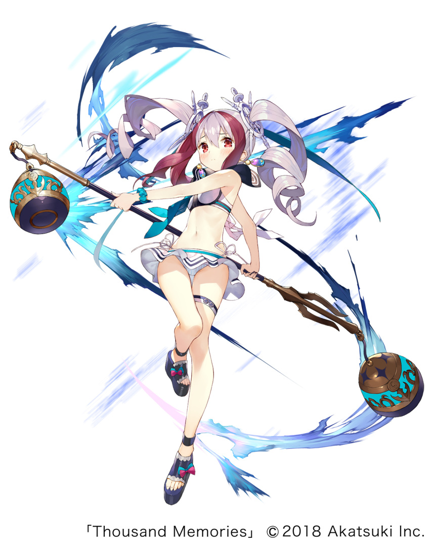 1girl, blush, breasts, drill_hair, full_body, highres, holding, holding_weapon