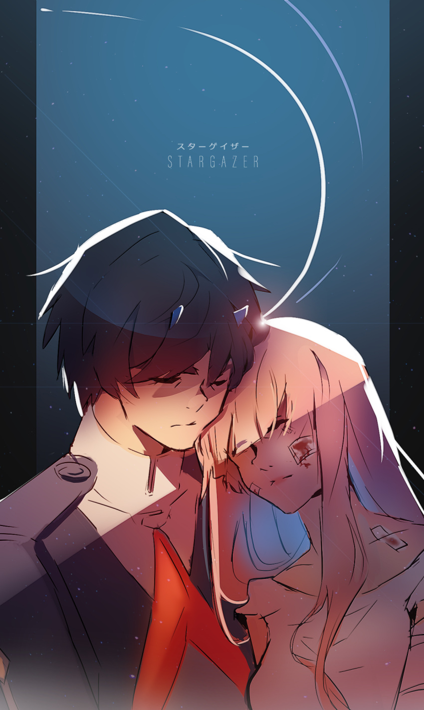 1boy, 1girl, bandage, bandaged_arm, bandaid, bandaid_on_face, bangs, black_hair