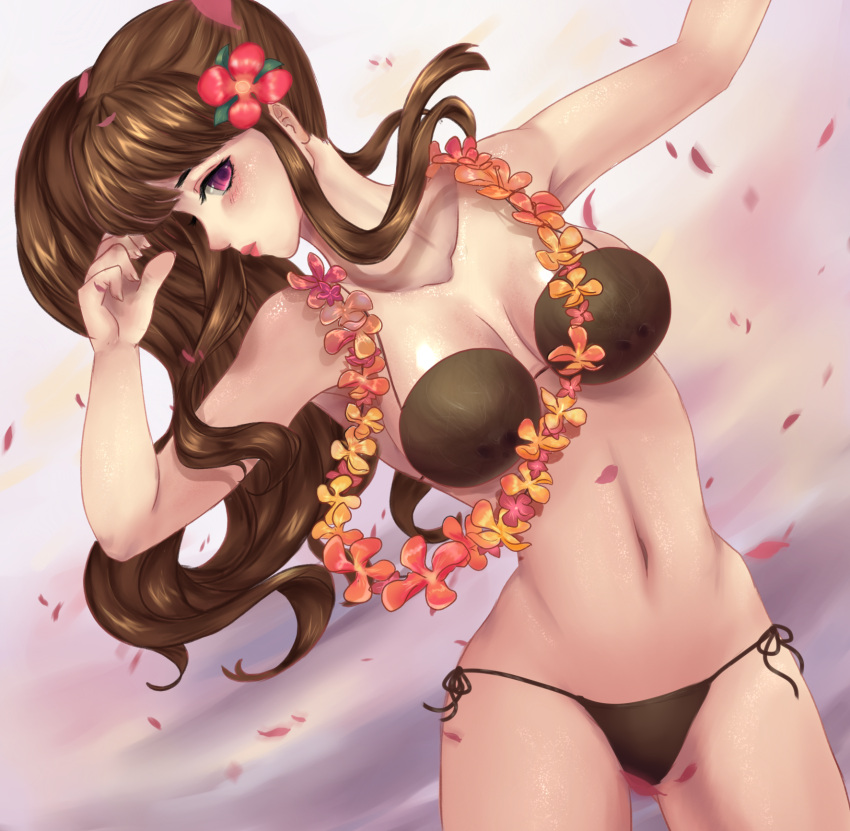 1girl, @maya, bikini_top, breasts, brown_hair, coconut_bra, dancing, female, flower, flower_necklace, gosenfu_nante_kazari_desu!, hair_flower, hula, large_breasts, long_hair, minamizato_kanon, navel, petals, ponytail, side_ponytail, violet_eyes