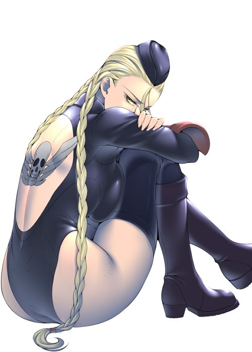 1girl, antenna_hair, arm_guards, beret, black_footwear, blonde_hair, blue_leotard, braid
