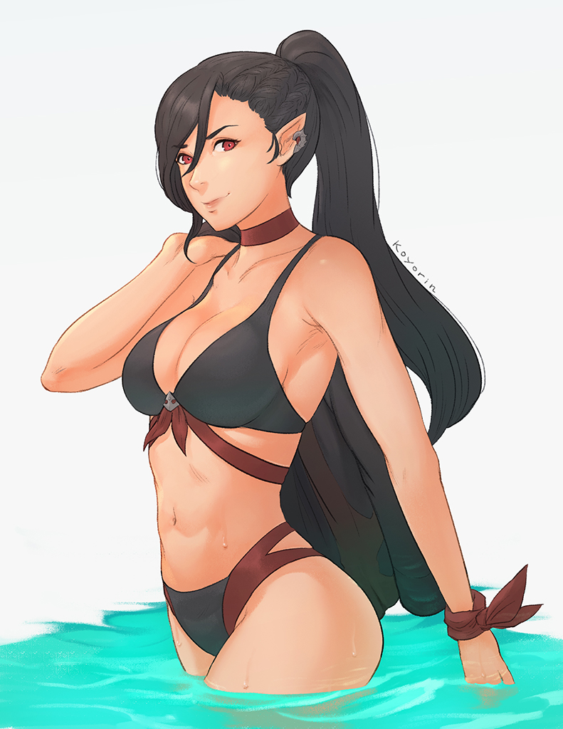 1girl, artist_name, bikini, black_bikini, breasts, choker, cleavage, coat, coat_removed, earrings, elezen, elf, eyebrows_visible_through_hair, final_fantasy, final_fantasy_xiv, hilda_(ff14), hybrid, jewelry, koyorin, large_breasts, looking_at_viewer, partially_submerged, pointy_ears, ponytail, red_eyes, smile, solo, standing, swimsuit, water