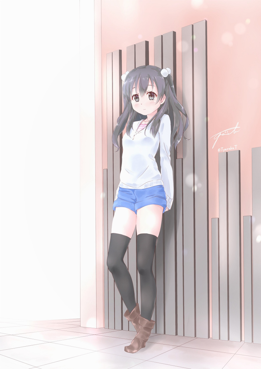 1girl, against_wall, arms_behind_back, bangs, black_eyes, black_hair, black_legwear, blue_shorts
