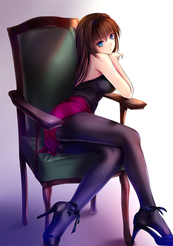 1girl, akeyama_kitsune, aozaki_aoko, black_footwear, black_legwear, blue_eyes, brown_hair, chair