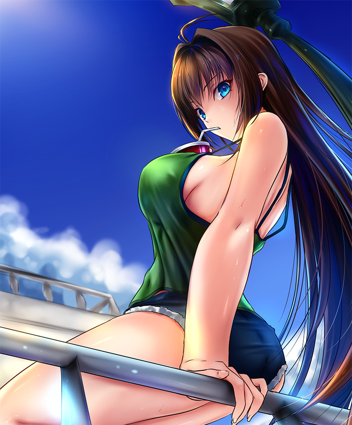 1girl, akeyama_kitsune, aozaki_aoko, ass, blue_eyes, breasts, brown_hair, cup, cutoff_jeans, cutoffs, drinking_straw, large_breasts, long_hair, looking_at_viewer, mahou_tsukai_no_yoru, short_shorts, shorts, sideboob, sitting_on_railing, solo, spaghetti_strap