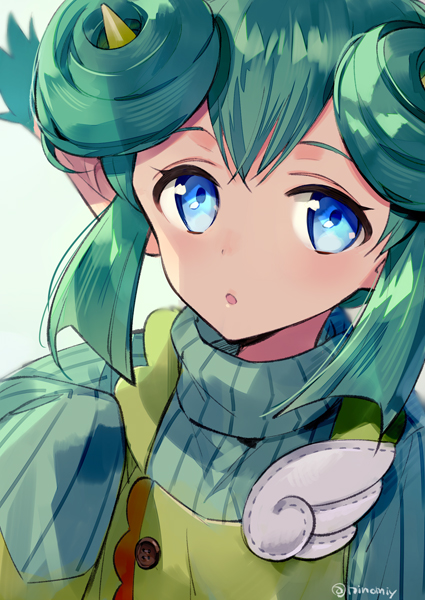 1girl, :o, bangs, double_bun, elbow_gloves, gloves, green_hair, horns