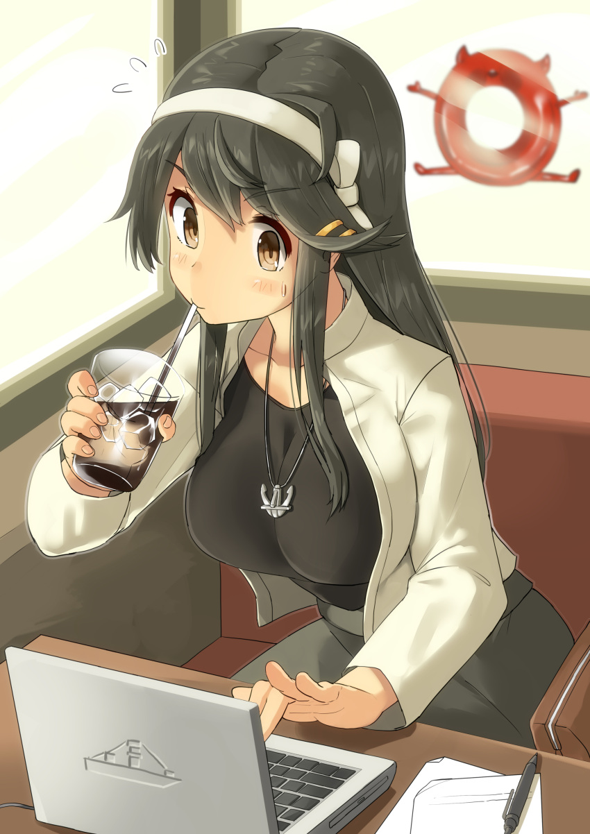 1girl, absurdres, anchor_necklace, bag, black_hair, black_shirt, blush, booth