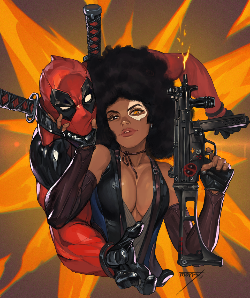 1boy, 1girl, afro, bare_shoulders, black_gloves, black_hair, bodysuit, breasts