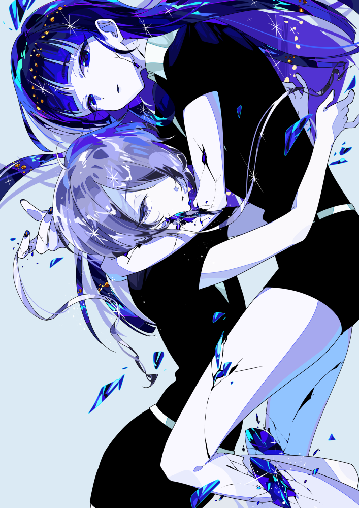 2others, bangs, blue_eyes, blue_hair, blunt_bangs, gem_uniform_(houseki_no_kuni), ghost_quartz_(houseki_no_kuni), hair_over_one_eye
