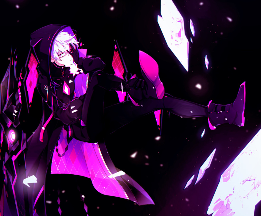 1boy, absurdres, add_(elsword), black_hair, black_sclera, bodysuit, boots, elsword